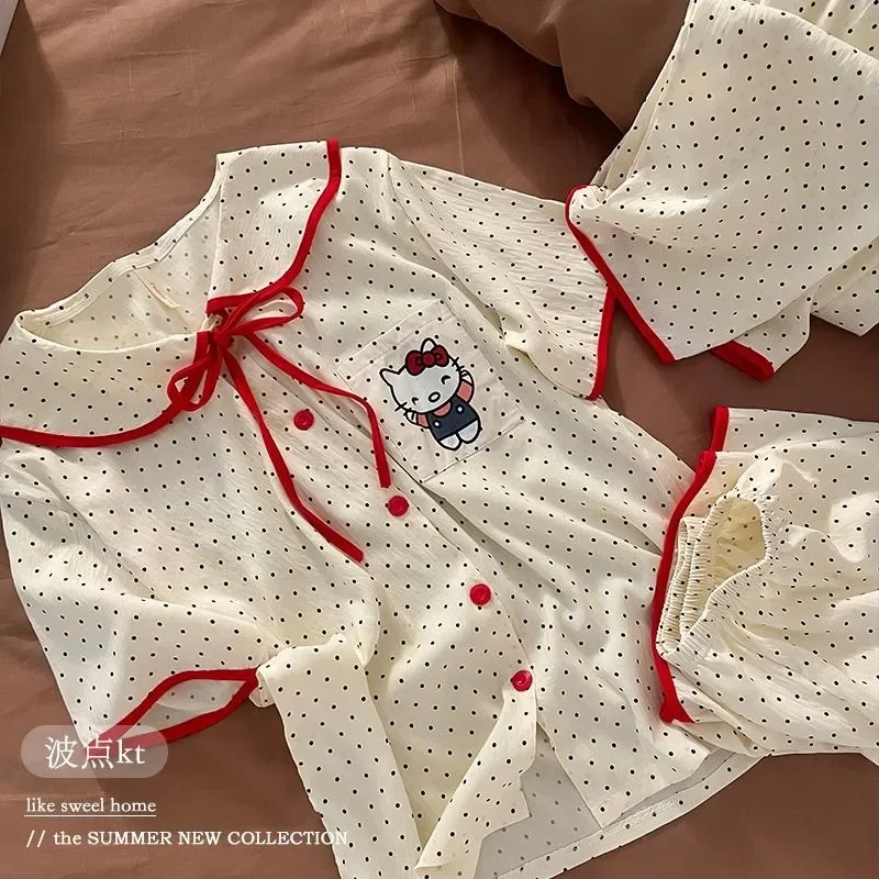 

Summer new women's Hello Kitty lapel three-piece set cute cotton pajamas loungewear