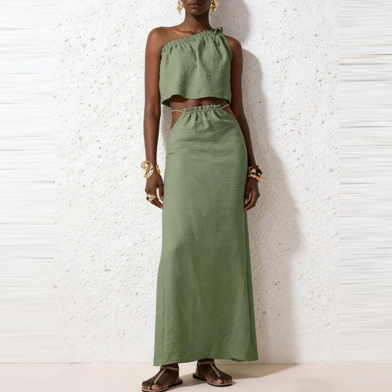 Summer Lace-up Hollow Sets Spring Solid Slim Bodycon Women's Suit Sexy One-shoulder Sleeveless Top & Elastic Waist Skirts Outfit