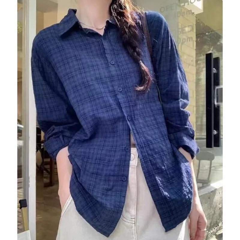 

Fashion Long Sleeve Plaid Shirt Cotton Blend Women's Spring Summer Casual Elegant Retro Dark Blue Sun Protection Blouse