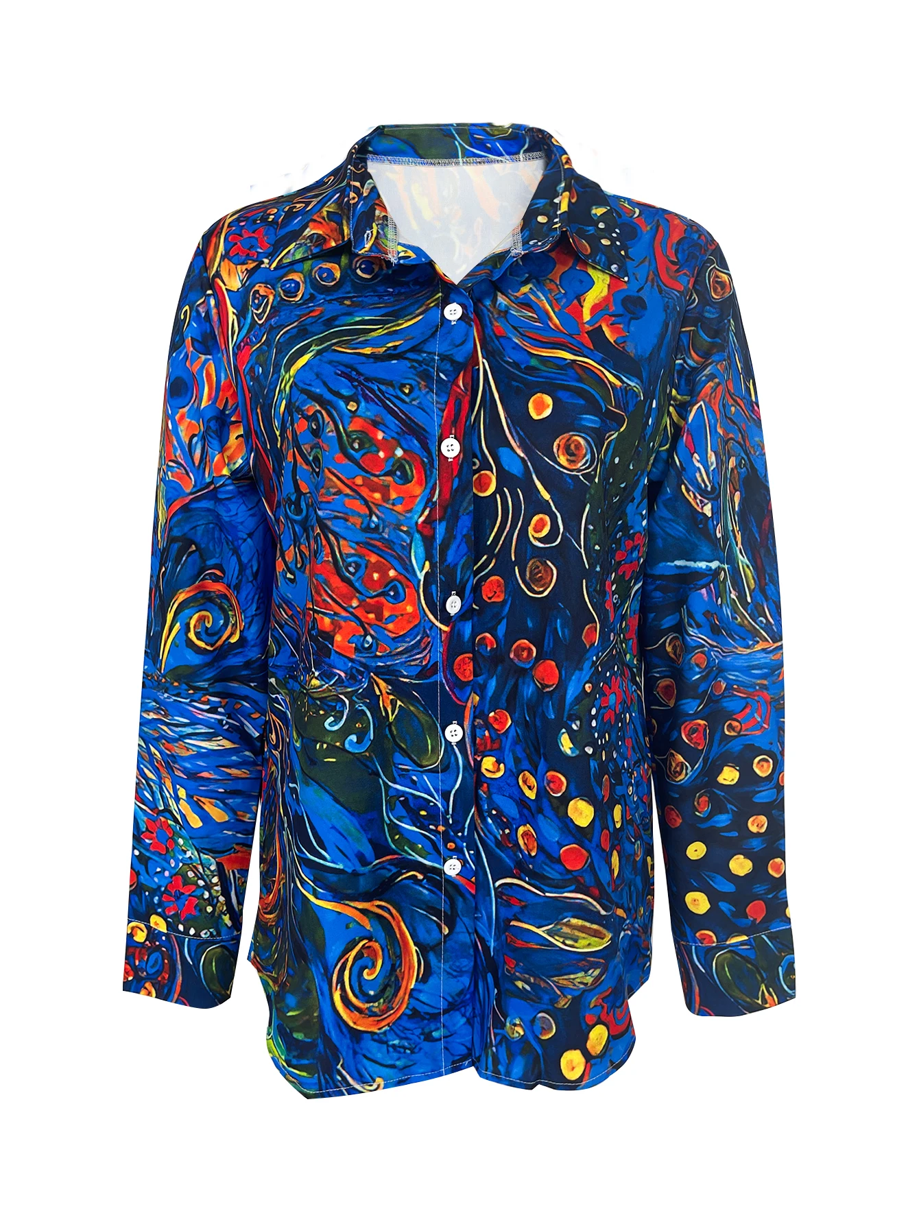 Women's Peacock Art Printed Shirt with Collar, Long Sleeve, Full Button, Side Pocket, Loose Woven Casual Top, Spring and Autumn