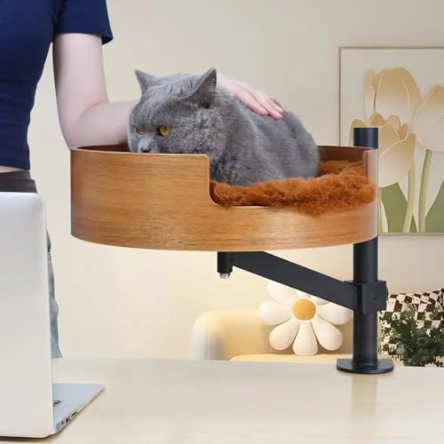 

Cat Bed Desk with Pet Mat Cat Hammock for Desk Cat Bed Desk with Wooden Bowl 360° Rotation and Adjustable Height