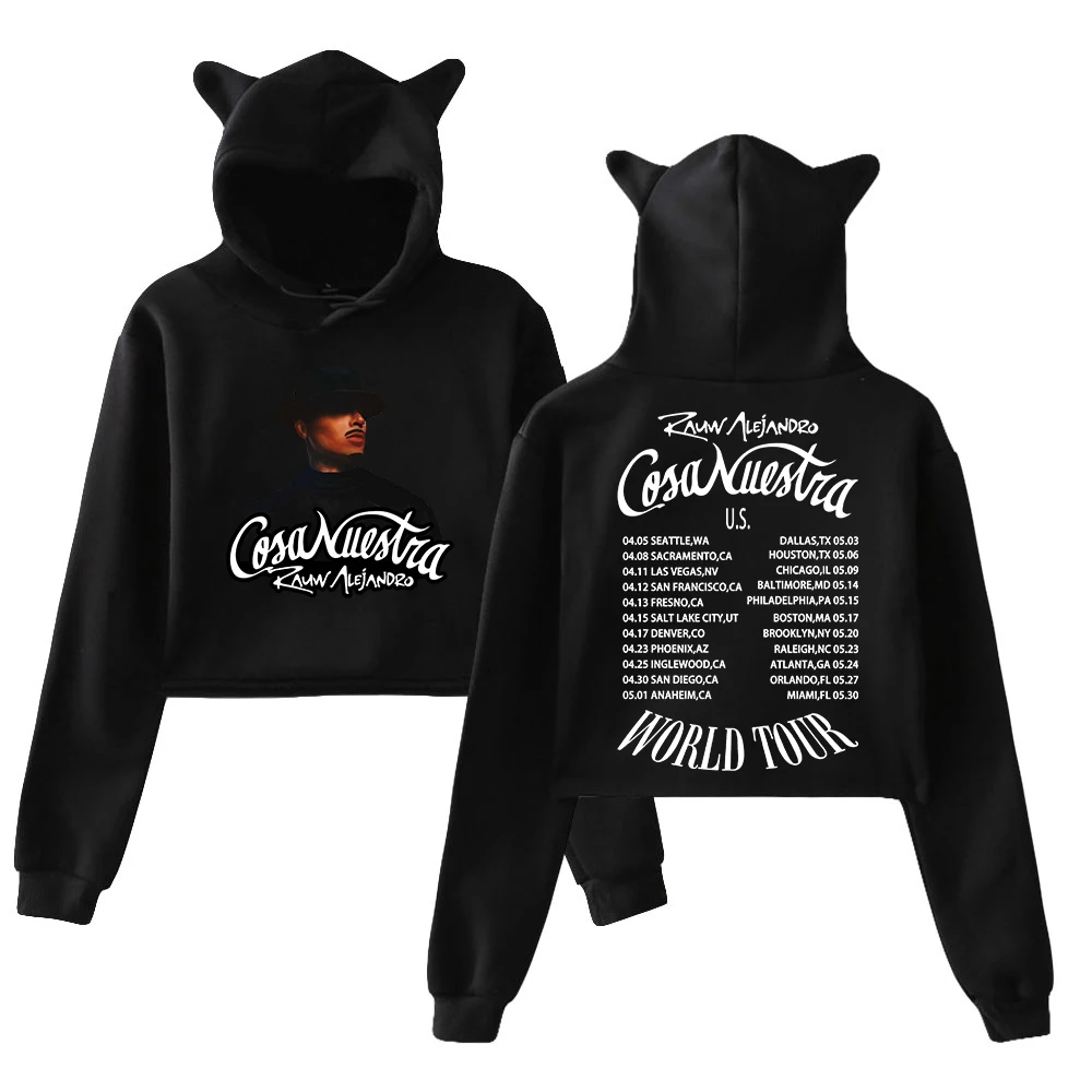 

Rauw Alejandro Cosa Nuestra Tour 2025 Hoodie Female Cat Ears Hooded Sweatshirts Long Sleeve Crop Top Women's Clothes
