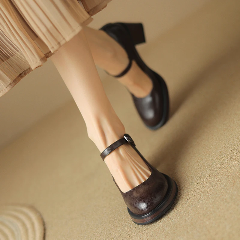 Scarpe Mary Jane con punta tonda e plateau con tacco grosso in vera pelle con cinturino con fibbia, stile retrò per donna