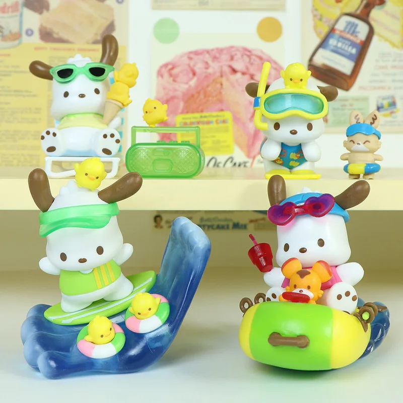 Sanrio Pochacco Holiday Beach Series Actionfigur Garage Kit Schöne Welpenpuppe Desktop Ornament Geschenk Weihnachtsgeschenk Kinderspielzeug