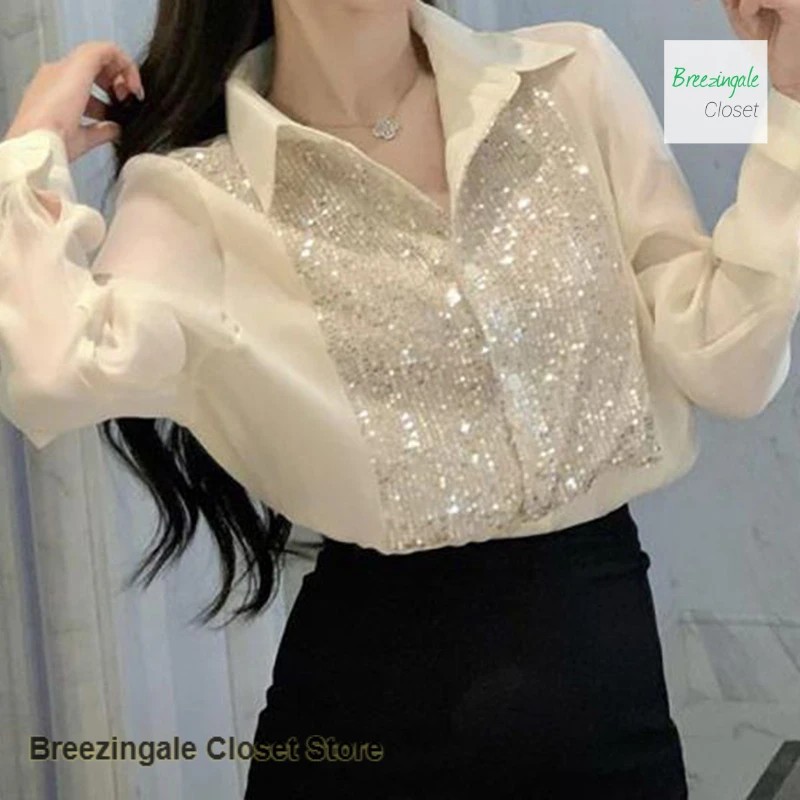 

Французская блузка с эффектом двухслойности, элегантная женская рубашка для весны и лета, высококачественная белая блузка с длинными рукавами и пайетками.