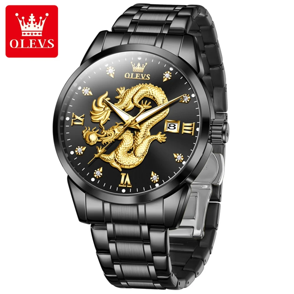 OLEVS Brand 3D Dragon Watch Man Stainless Steel Waterproof Luminous Auto Date Wrist Clock Luxury Original Quartz Watches for Men