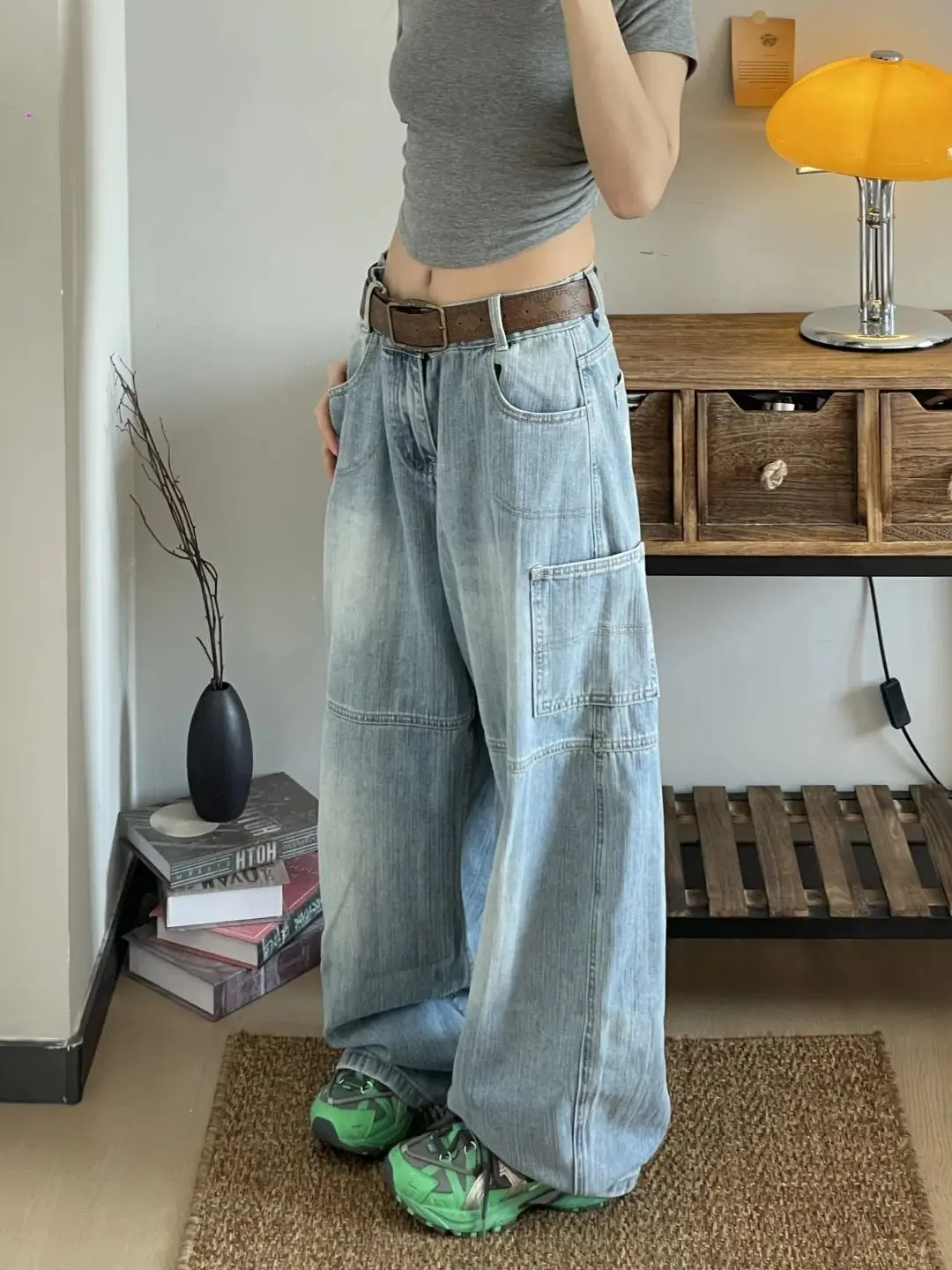 GELITAYIN Letter Print Wide Leg Jeans Women 2025 Bleached Pocket High Waist Loose Cargo Pants High Street Korean Fashion Denim P