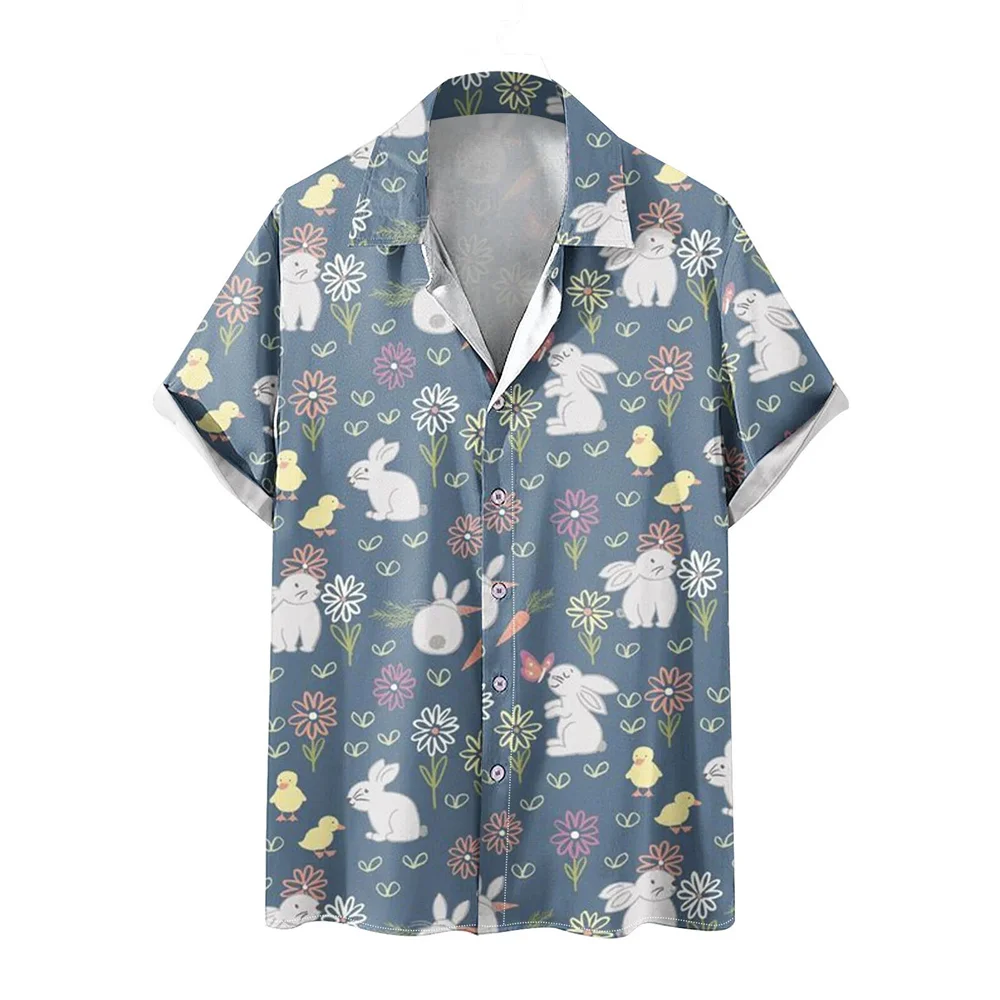 2024 Happy Easter Shirt For Men Funny Rabbit Print Hawaiian Tops Plus Size Short Sleeve Button Down Lapel Collared Shirts Blouse