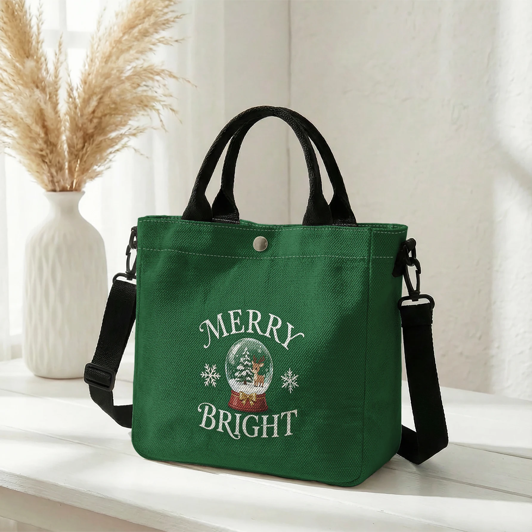 Merry Bright Snow Globe Print Tote Bag, Detachable Strap Crossbody Handbag For Daily Work Shopping