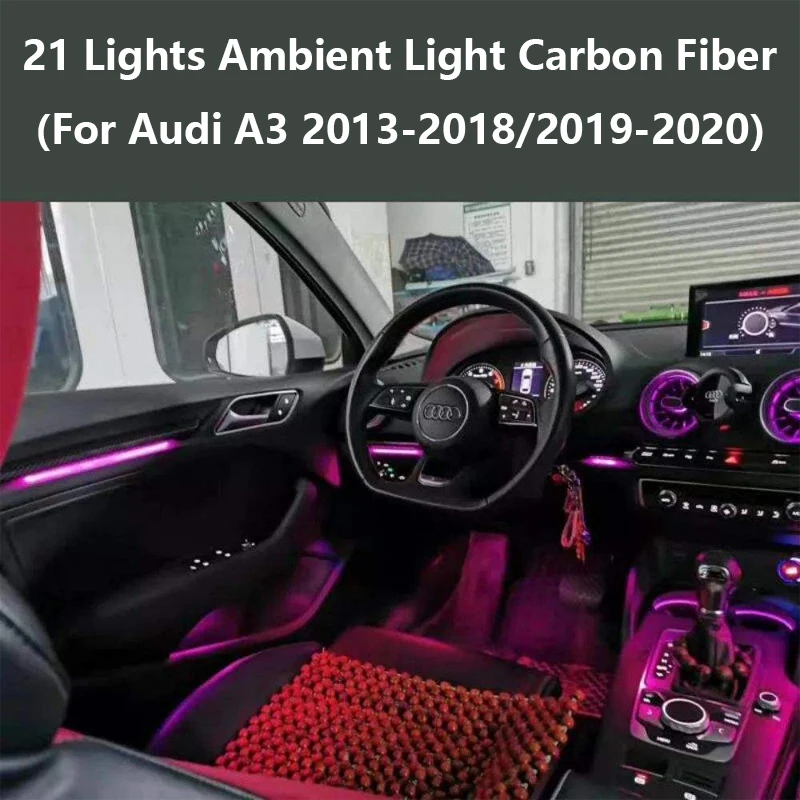 

Автомобильный комплект окружающего освещения 21 в 1, для Audi A3 2013-2020 без вентиляционного отверстия, приборная панель, украшение двери, атмосферная лампа с управлением через приложение