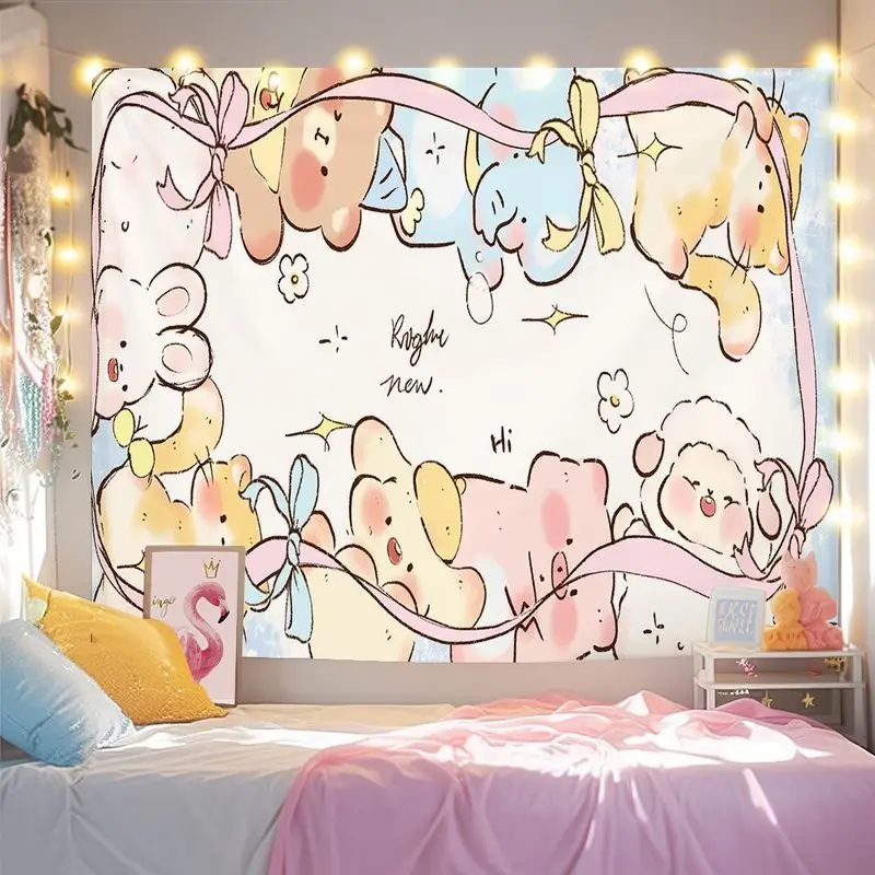 VIKAMA Ribbon Hoop Small Animal Tapestry, Macaron Cartoon Bear Elephant Lamb Wall Art for Bedroom Living Room Decor