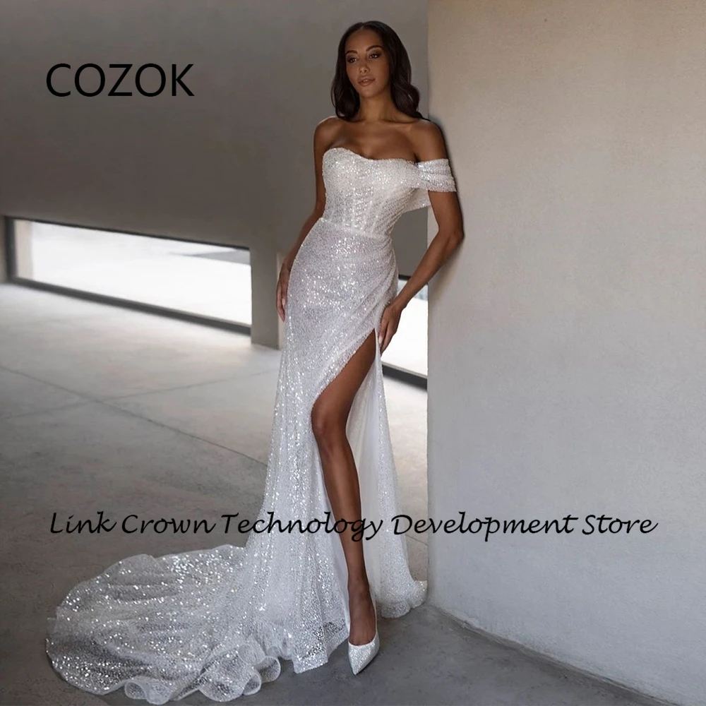 

COZOK Glitter Sequined Wedding Dresses for Women Side Slit Bridal Gowns 2024 Summer Court Train New Sleeveless Vestidos De Novia