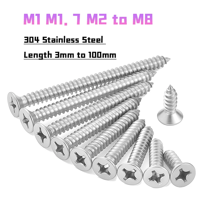 M1 to M8 304 Stainless Steel Countersunk Flat Head Tapping Screws Wood Self-tapping Phillips Furniture Screw Length 3mm to 100mm