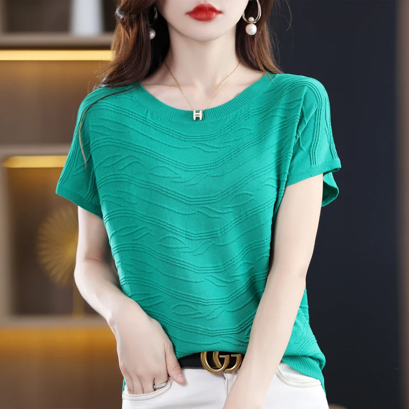 Round Neck Ice Silk Short Sleeved Women's Korean Summer Thin Solid Color Loose Top T-Shirt