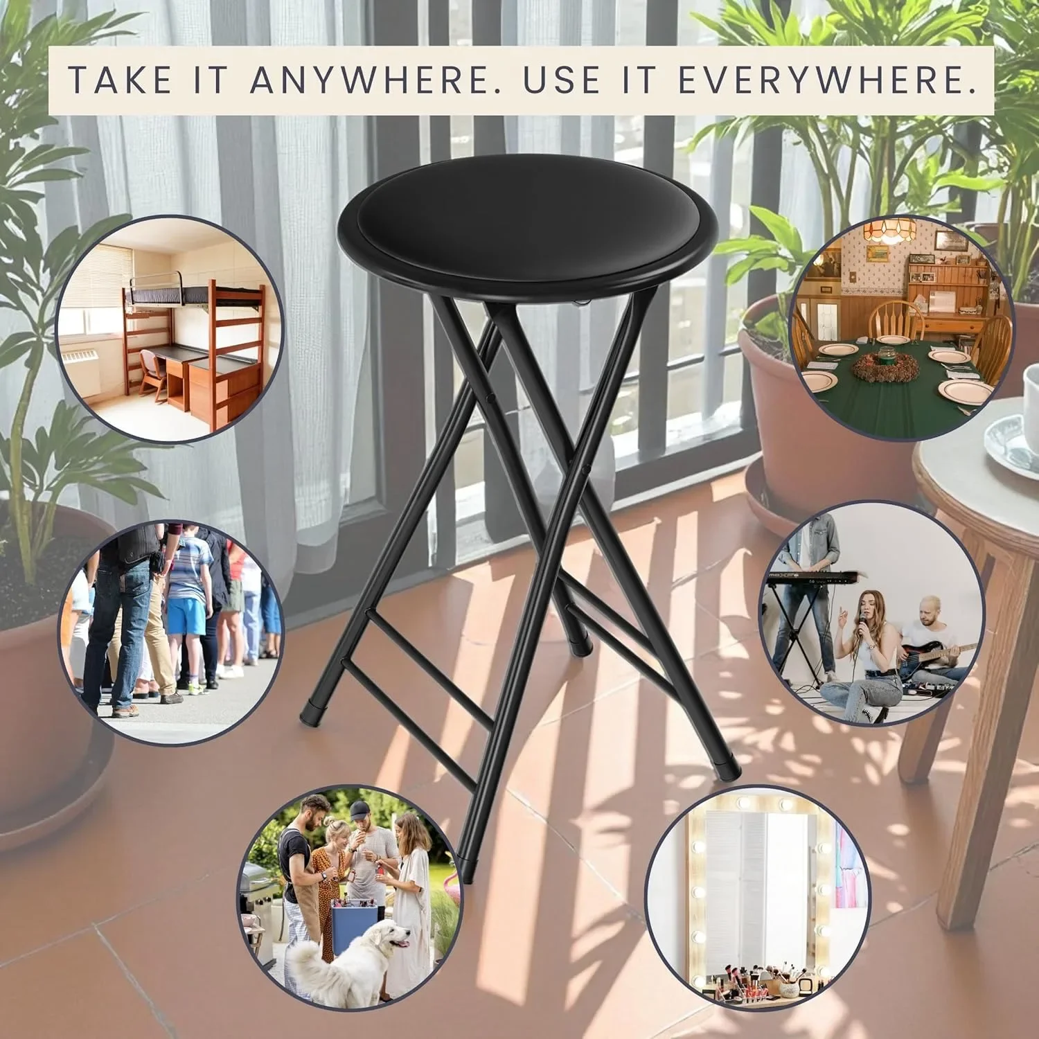 24" Backless Stool - Foldable Bar Stool for Kitchen/Rec Room, 225LBS Capacity, Portable Indoor Stool (Black)