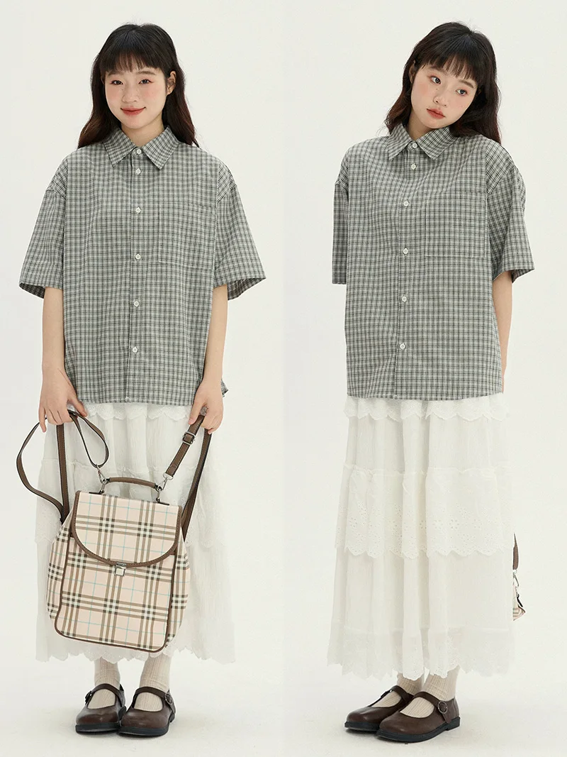 

VOUSALME Summer Thin Casual Loose Women's irt ort Sve Plaid Patterned Couple's irt Vintage Japanese Sle