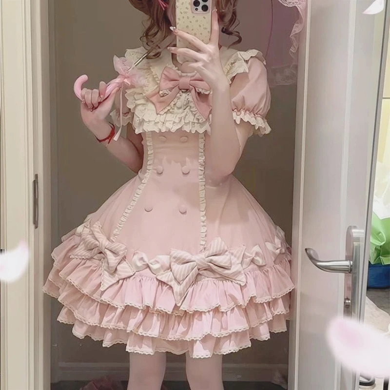 스트라이프 라자냐 로리타 케이크 드레스 귀여운 달콤한 공주 짧은 소매 Op 봄 가을 여름 고대 인형 느낌 Boho 드레스