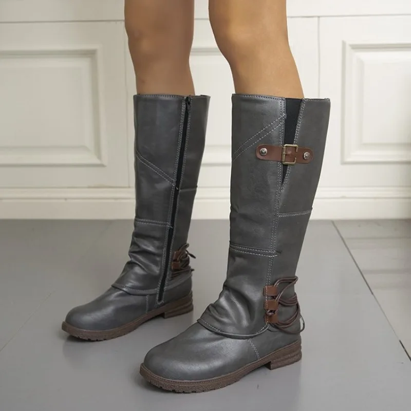 Comemore herfst en winter nieuwe kniehoge laarzen voor dames lederen vierkante lage hak hoge laarzen Romeinse stijl riemgesp lange Botas