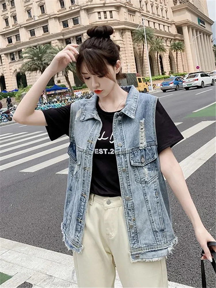 

Women's Ripped Denim Vest Sleeveless Top Coat Korean Fashion Streetwear Retro Loose Spring Summer Autumn Student Jacket New