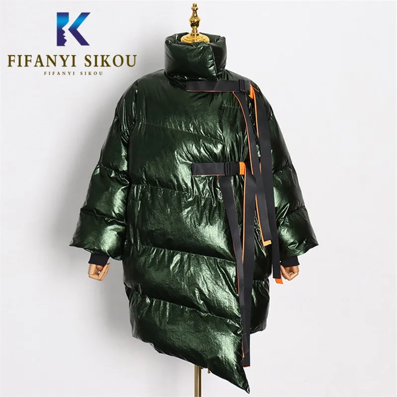 Winter Jacket Women 2023 New Asymmetric Glossy Down Jacket Female Fashion Ribbons Loose Long Down Cotton Coat Thickening Parka