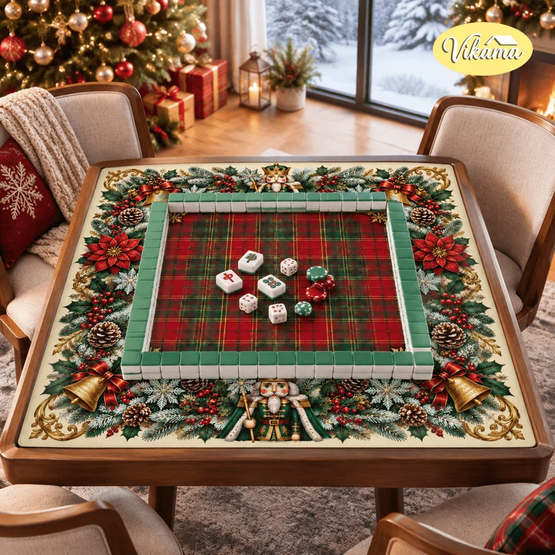 VIKAMA Red and Green Checkered Christmas Mahjong Table Mat, Poinsettia Bell Design Non-Slip, Quiet Gaming Mat, Home Decor