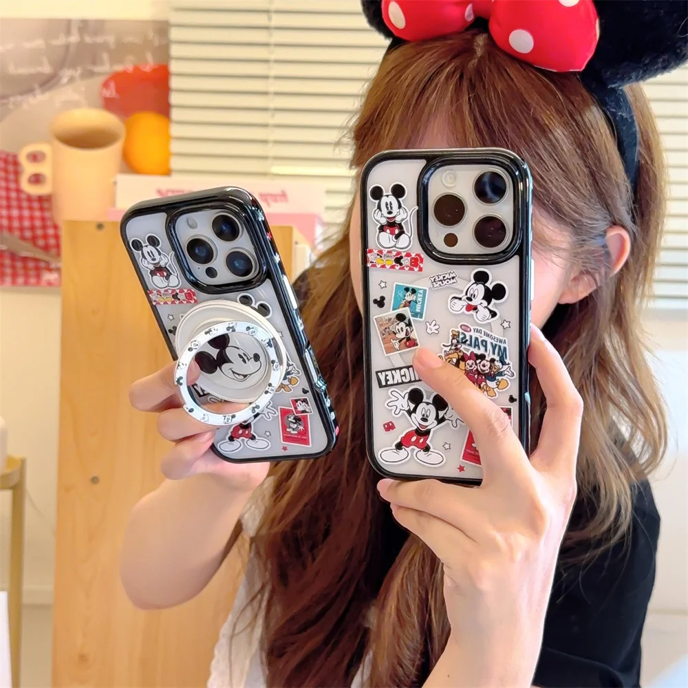 

Cute Mickey Magnetic Holder Phone Case For iPhone 16 15 14 13 Pro Max 16Pro Funda Fashion Korean Cartoon Kawaii Shockproof Cover