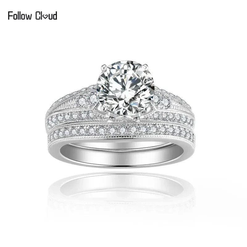 KEEP YES 7.5mm 1.5ct Full Moissanite Bridal 2 Rings Set Diamond Engagement Ring 925 Sterling Silver Wedding Band for Women