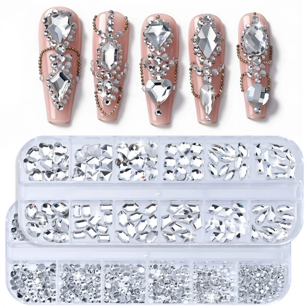 12grids 2boxes Crystal White Multi-Shapes Nail Rhinestones 1.6-3.7mm Clear Round Beads Nail Diamonds Glass Flatback Nail Charms