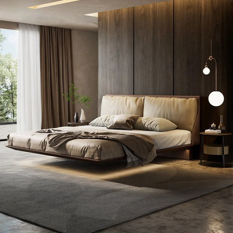 #Alice Leather Upholstered Bed Modern Minimalist Floating Bed Beige Double Bed For Master Bedroom