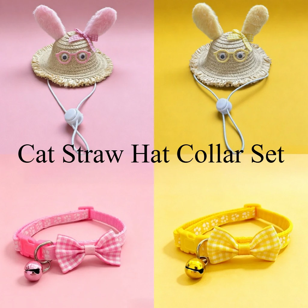 

Pet Cat Straw Hat Collar Set Summer Cat Rabbit Ear Sunshade Hat Checkered Bow Collar Neck Ring cat stuff accessories