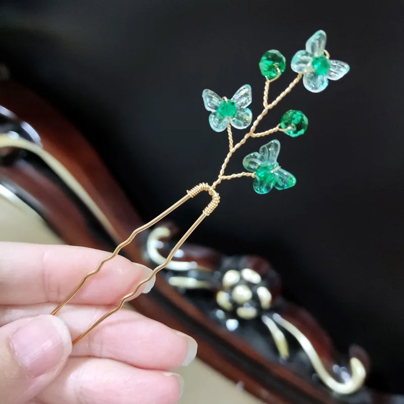 Green Color Wedding Floral Butterfly Hairpin Hair Clip For Women Fashion U-shape Crystal Hair Fork Bride Tiaras 2025