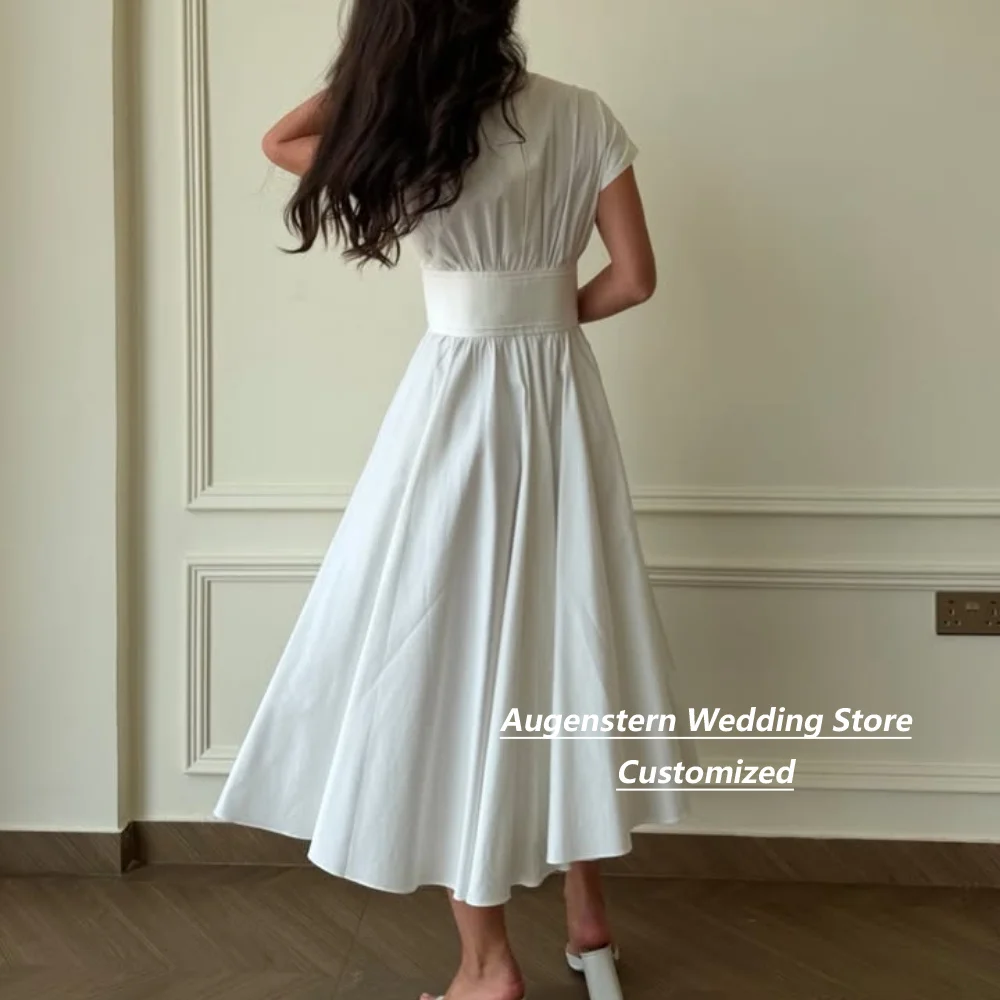 Customized A-Line White Midi Jersey V Neck Mother Of The Bride Gown Cap Sleeve Belted For Wedding Guest Summer Party Dress