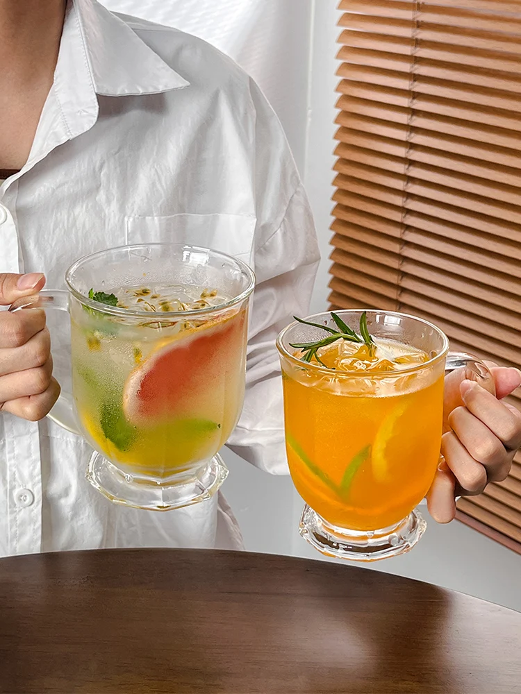 Gururu Large Capaci Glass Cup with Handle Vintage Sle round ape Milk Tea Juice Drink Transparent Lead-Free Glass Cup