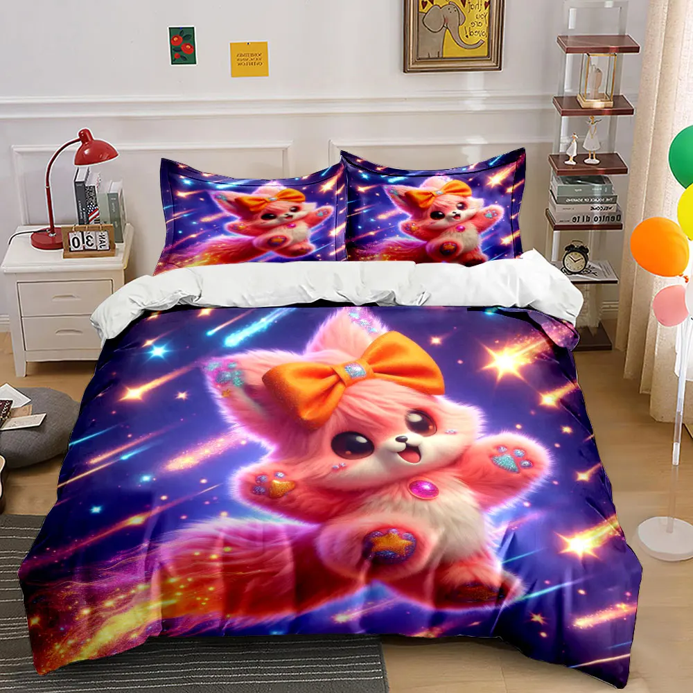 Adorable pink fox under starlit sky Print Bedding Set 1 Duvet Cover 2 Pillowcases for Adult and Children Luxury Gift Full Size