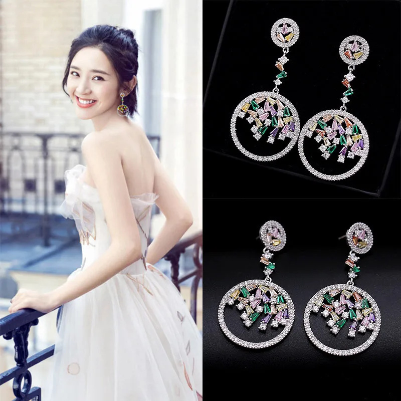 DIY accessories Luxury color zircon circle European and American sweet fashion plated s925 sterling silver stud earrings wedding