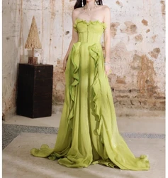 green strapless sleeveless elegant women dress lace-up summer holiday party clothing lady ruffles maxi vestidos bodycon