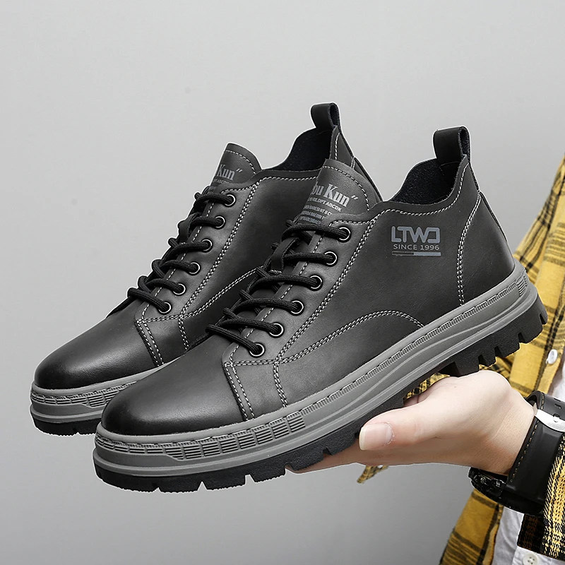 

Luxury Brand Men's Business Leather Shoes Trend Casual Shoes Lace Up Round Toe Men's Thick Soles Cotton Style Elevated Shoes