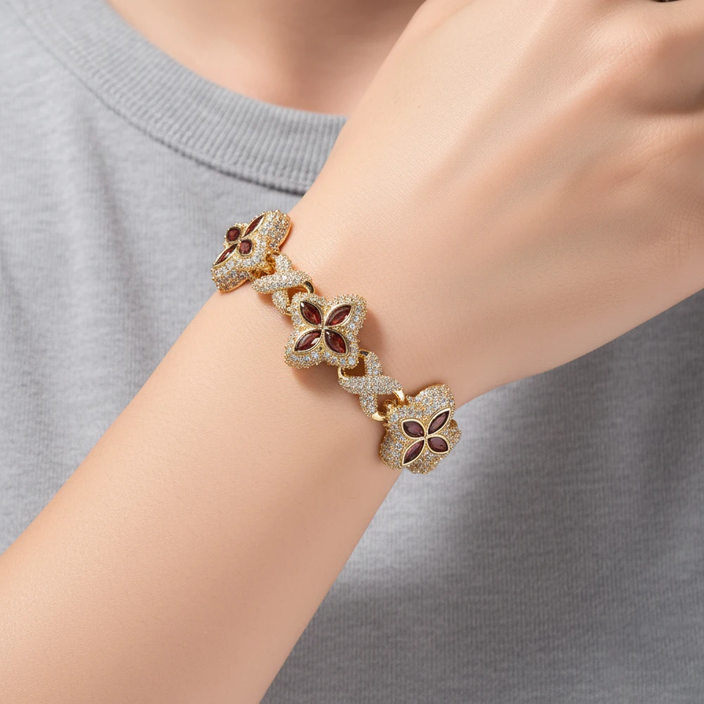 Precious Red Cubic Zirconia Möbius Four-leaf Clover Bracelet 5A+ CZ Stones Luxury Gift For Women Girl Hiphop Jewelry Wrist Chain