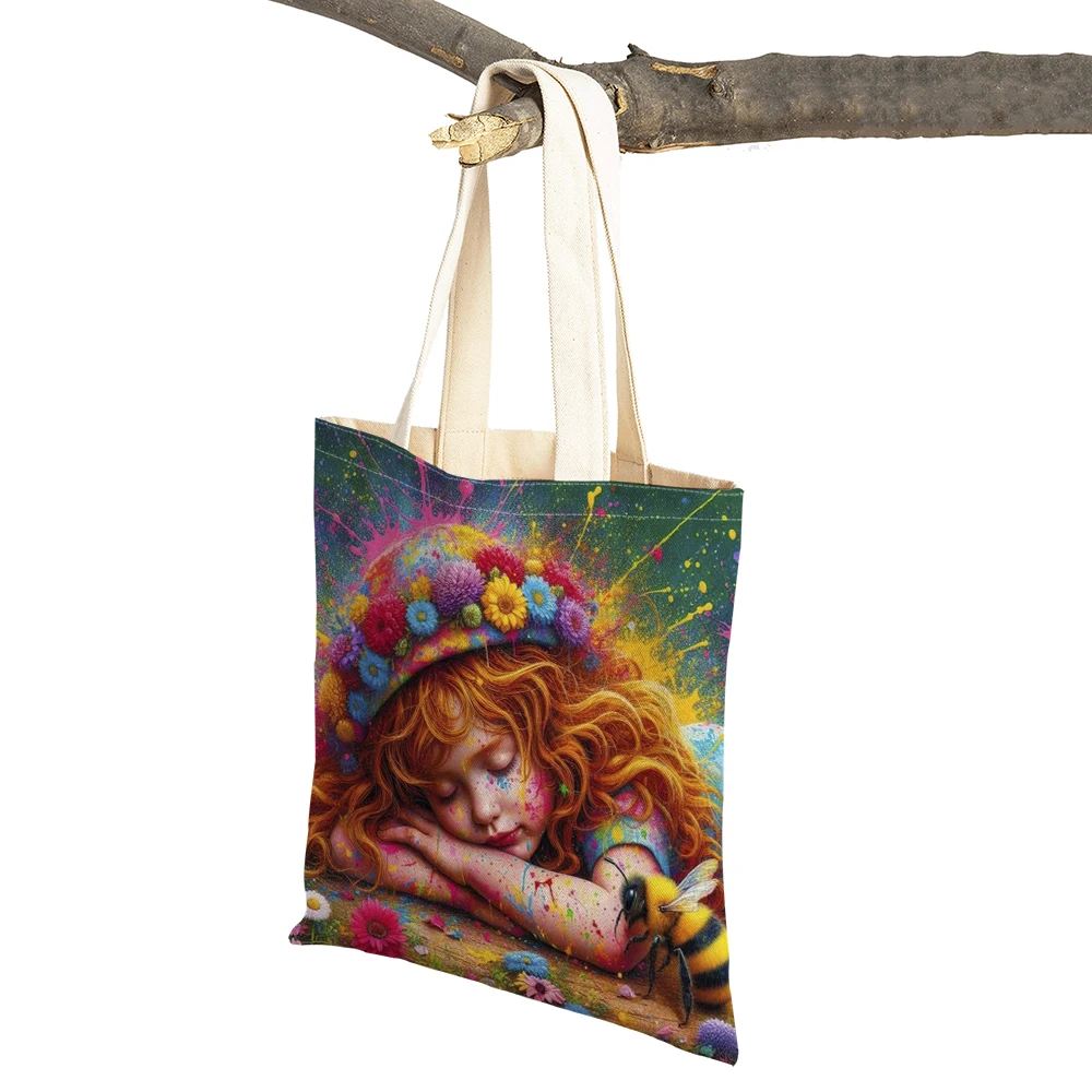 Fairy Tale Girl Bee Shopper Bag Double Print Shopping Bags Children Gift Casual Cute Cartoon Women Tote Lady Handbag