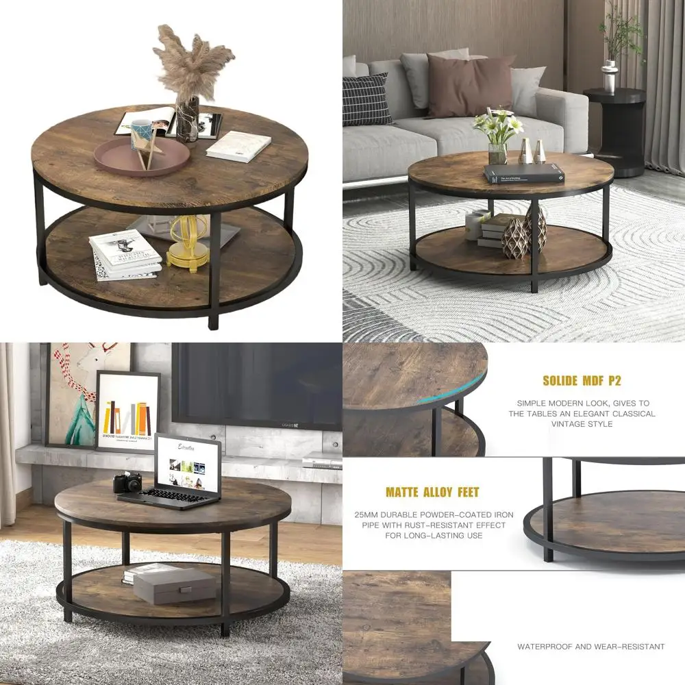 

Rustic 36 Round Coffee Table with Wooden Top, Metal Legs, Industrial Style, Storage Shelf, Brown