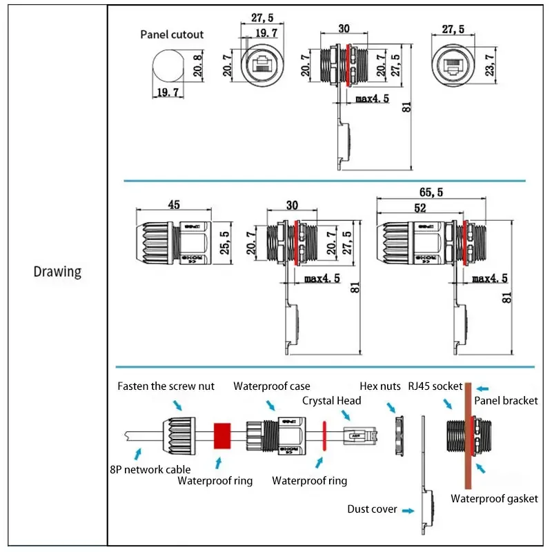 Wasserdichter RJ45-Netzwerk-Stecker, 8P8C, gerader Netzwerk-Stecker, 1,5 A, 125 V, RJ45-Datenkommunikation, Netzwerkanschlüsse, IP68