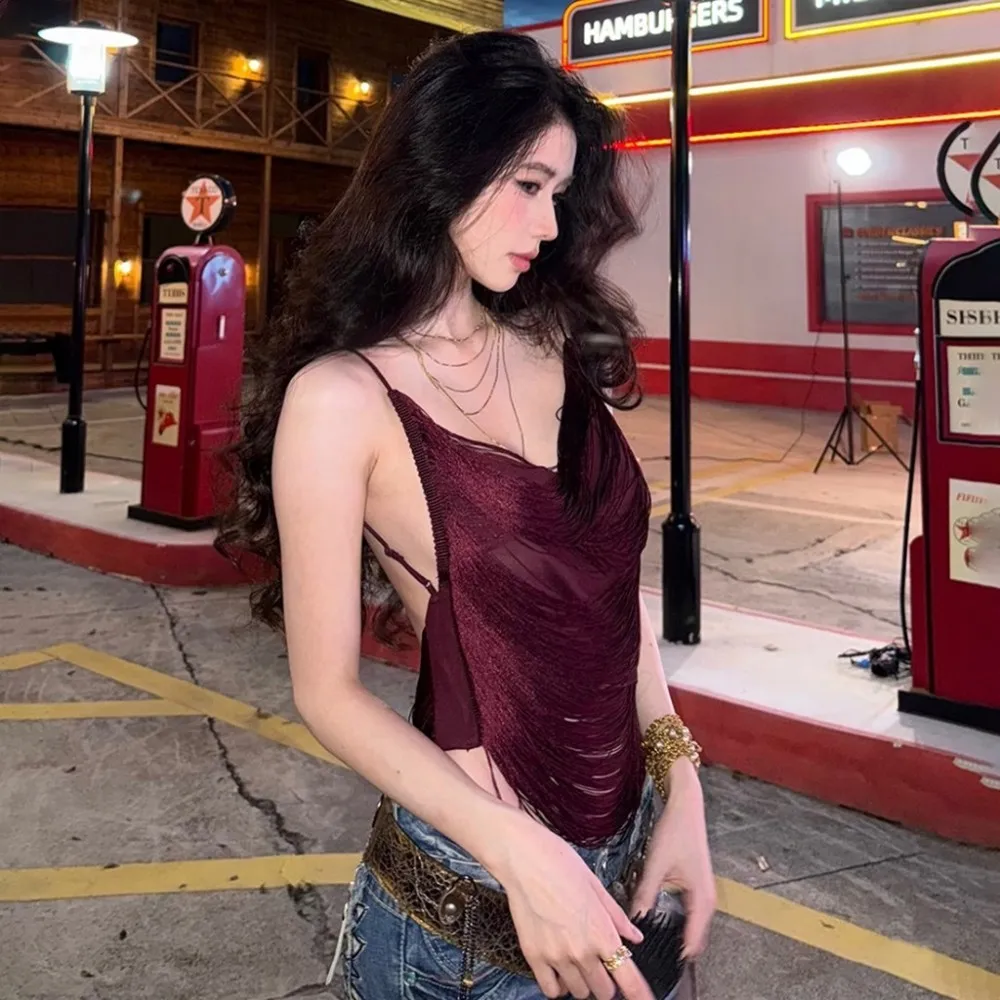 SylCue Sexy Fashion Tank Tops Woman Low-Neck Backless Navel Exposed Irregular Hem Spicy Girls High Street Wild Style Camisole