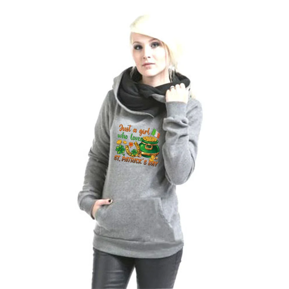 Women Hoodies Long Sleeve Tops Contrast Color Patchwork Saint Patrick Day Cartoon Print Fleece Loose Autumn Winter Female