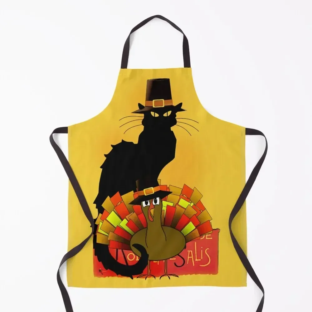 

Thanksgiving Le Chat Noir With Turkey Pilgrim Apron Kitchenware Barista Waterproof women Women's Dress Apron