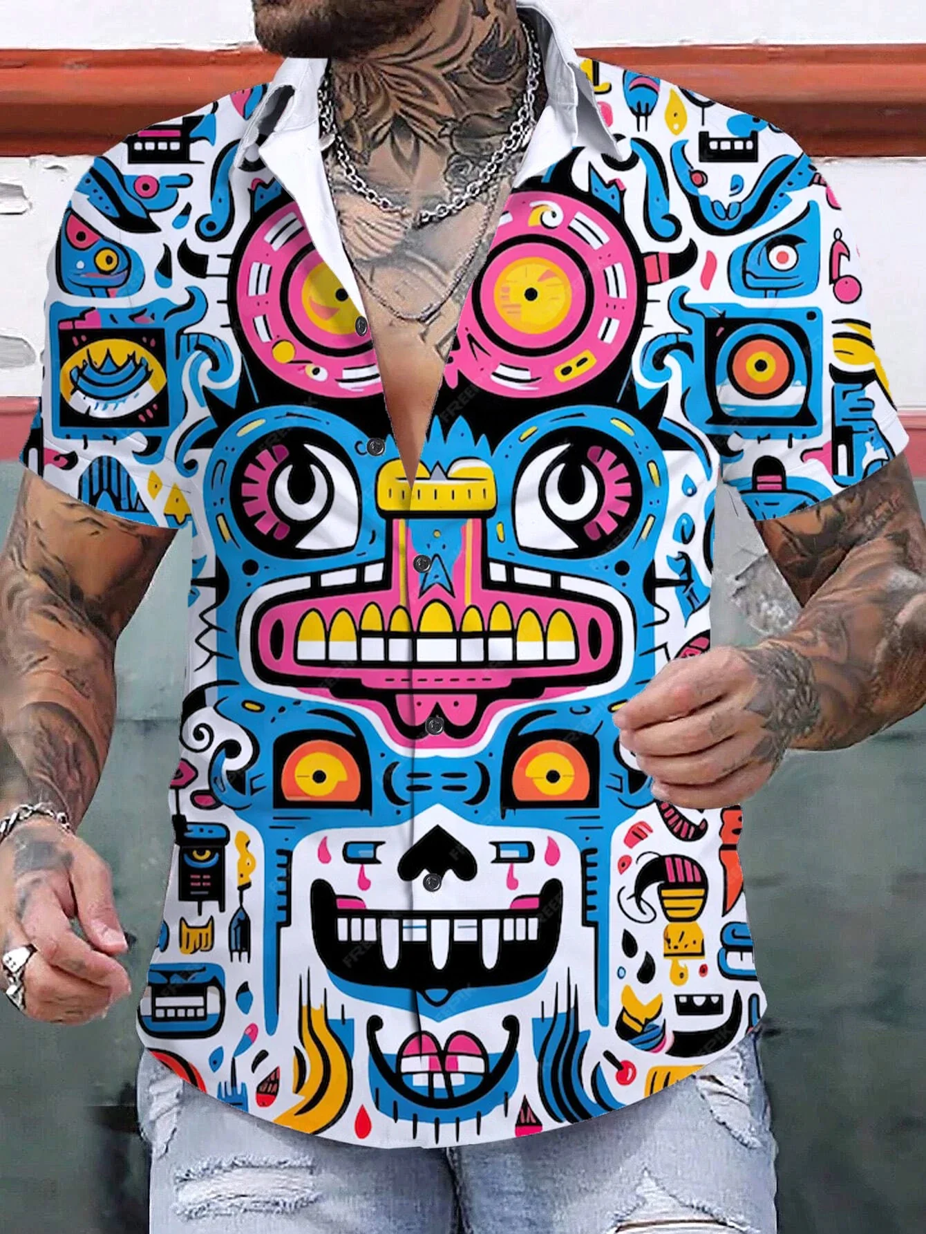 2024 Summer Men Shirts Art Tiki Graphic 3D Printing Simple Shirts Short Sleeved Tops Streetwear Loose Casual Hawaii Shirt