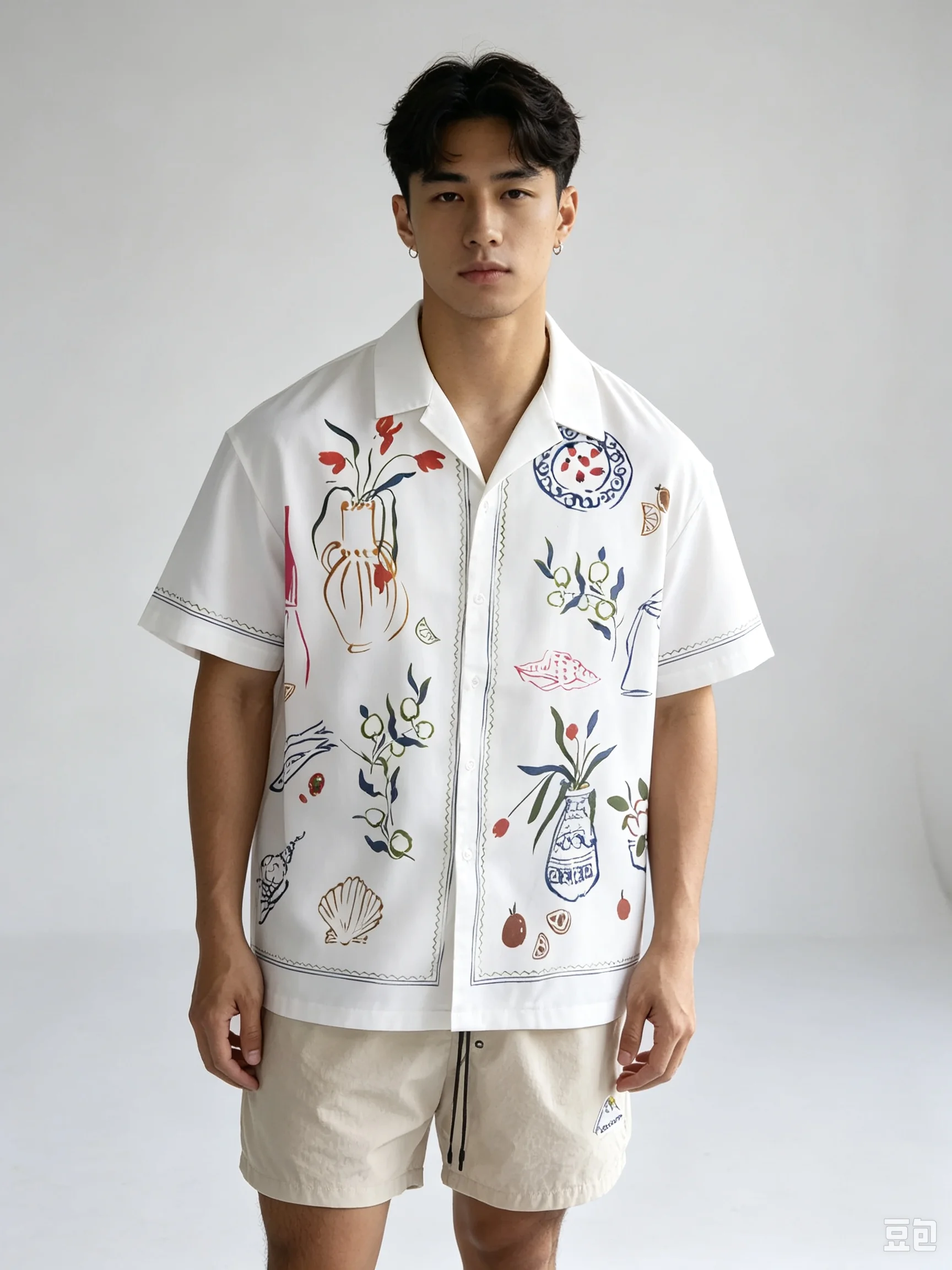 Vintage Hand‑painted Floral Print Cuban Collar Short Sleeve Shirt Unisex Loose Summer Casual Beach Streetwear Blouse