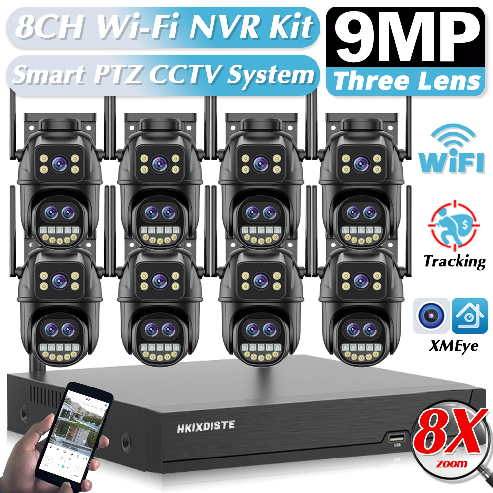 

8CH WiFi Surveillance System Wireless NVR Three Lens 9MP Security CCTV IP Cameras iCSee 8X Zoom PTZ Outdoor Smart WIFI NVR Kit