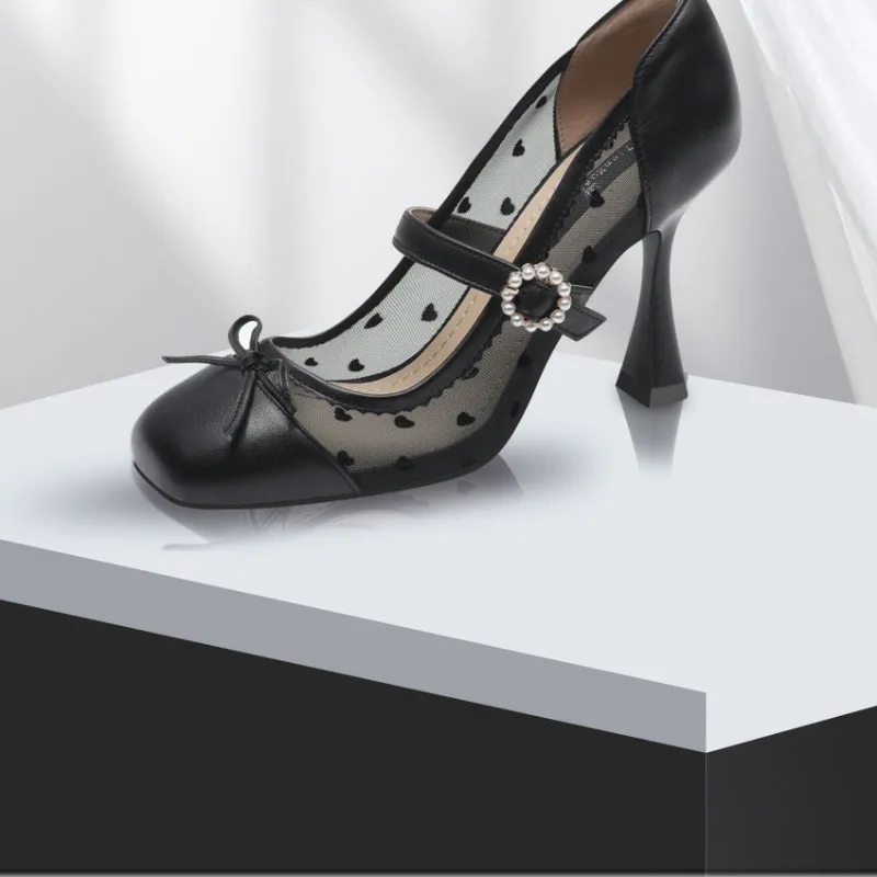 Sexy Mesh High Heels Woman Pumps Selling Thin Heel Shallow Mouth Breathable Black Temperament Women Round Toe Single Shoes 7cm