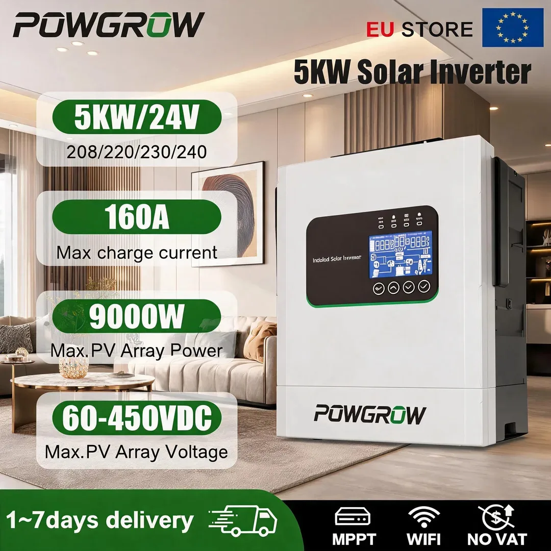 POWGROW 5KW 24V Hybride Off-Grid Inverter MPPT 60-450VDC 9000W PV 160A Lader 10KW Zuivere Sinusgolf Werkt Zonder Batterij Thuisgebruik Met Wifi