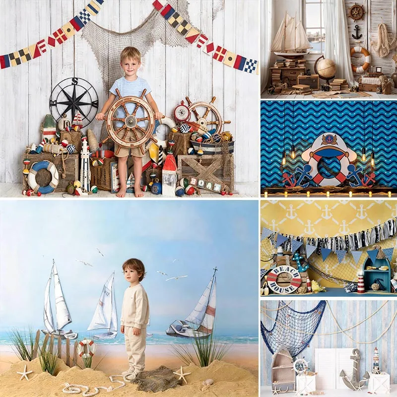 LS Summer Sail Boat Blues Backdrops Kids Adult Photography Baby Child Birthday Cake Smash Decors Boy Ship Captain Backgrounds